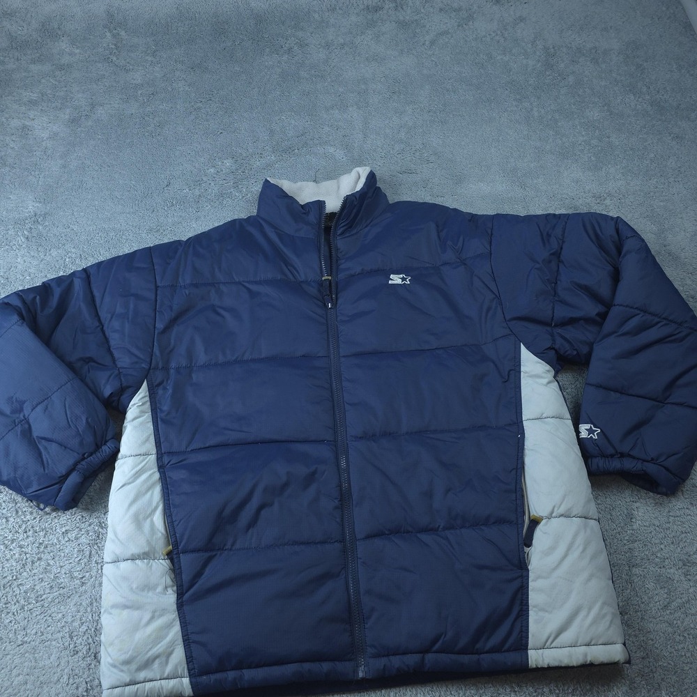 Starter Jacket Mens Large Navy Blue Gray Down Puffer Full Zip Ripstop Winter